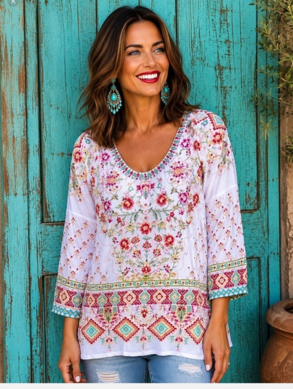 White Floral Embroidered Boho Tunic Top